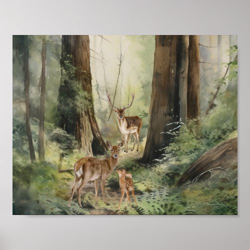Deer Redwood Forest Watercolor Poster
