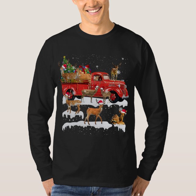 Deer Riding Red Truck Merry Christmas X-mas Ugly G T-Shirt (Front)