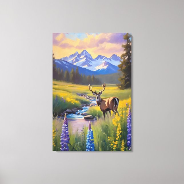 Deer Rocky Mountain Meadow Wildflowers Painting Canvas Print (Front)