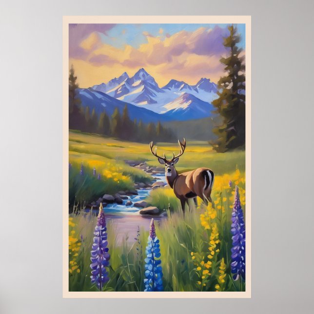 Deer Rocky Mountain Meadow Wildflowers Painting Poster (Front)