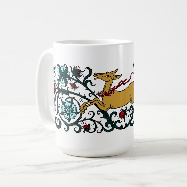 Deer Running Through Floral Foliage Coffee Mug (Front Left)