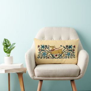 Deer Running Through Floral Foliage Lumbar Pillow