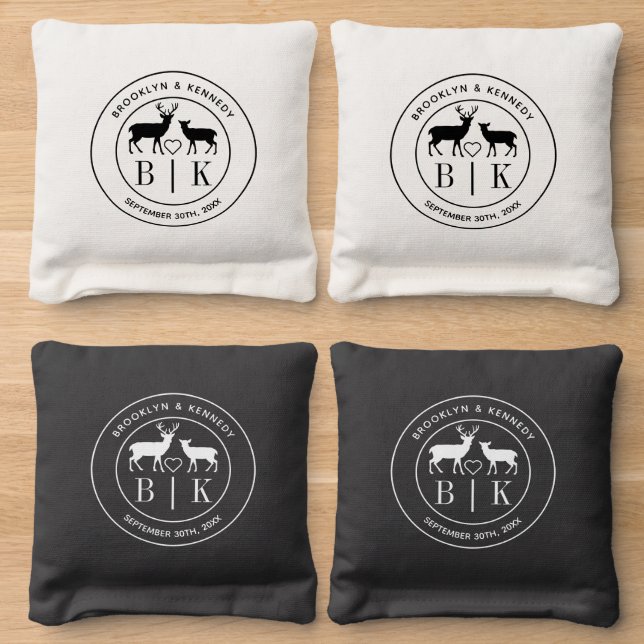 Deer Rustic Country Wedding Monogram Couple Name Cornhole Bags (Wood)
