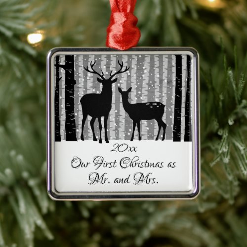 Deer Rustic Winter First Christmas as Mr and Mrs Metal Ornament