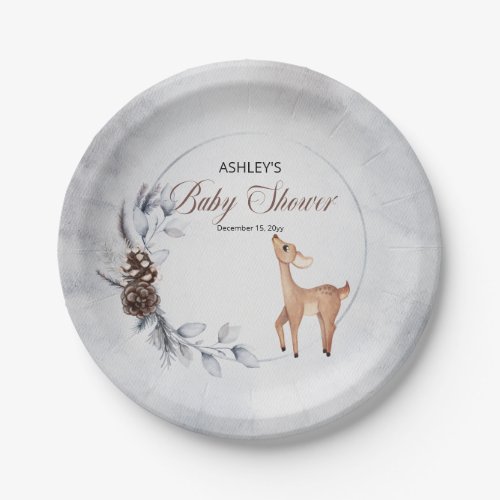 Deer Rustic Winter Floral Baby Shower Paper Plate