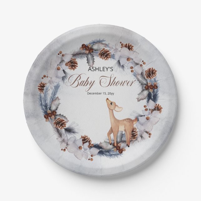 Deer Rustic Winter Floral Baby Shower Paper Plate (Front)