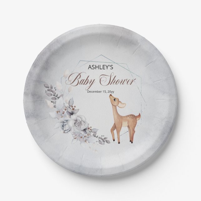 Deer Rustic Winter Floral Baby Shower Paper Plates (Front)