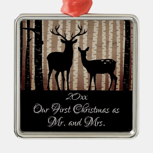 Deer Rustic Woodland First Christmas as Mr and Mrs Metal Ornament