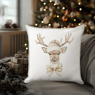 Deer Santa Hat Christmas Festive Holiday Throw Pillow