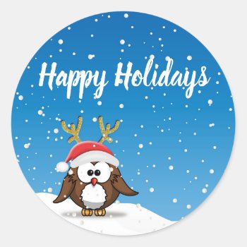 Deer Santa Owl Classic Round Sticker by just_owls at Zazzle
