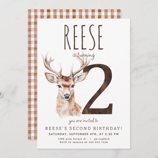 Deer Second Birthday Invitation (Front/Back)