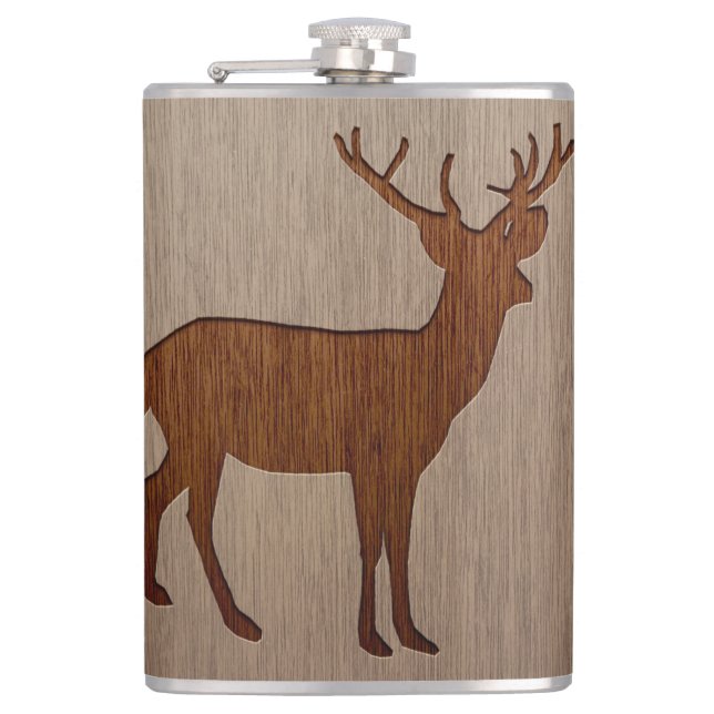 Deer silhouette engraved on wood design flask (Front)