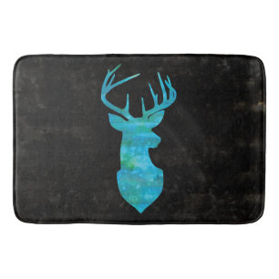 Deer Silhouette in Blue and Green Watercolors Bath Mat