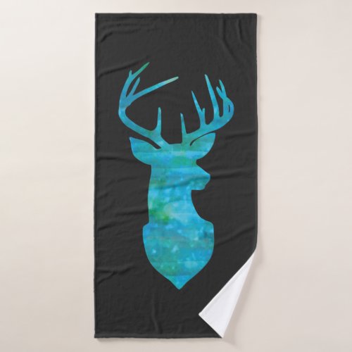 Deer Silhouette in Blue and Green Watercolors Bath Towel