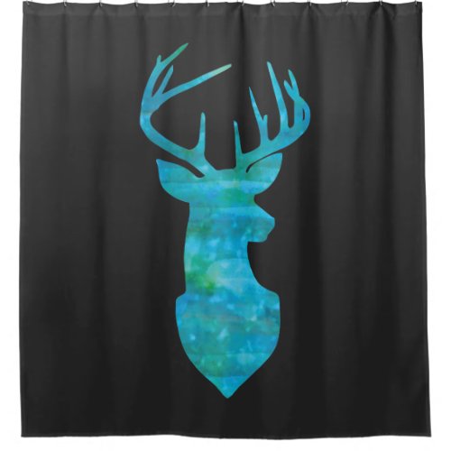 Deer Silhouette in Blue and Green Watercolors Shower Curtain