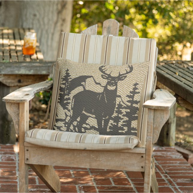 Deer Silhouette On Faux Burlap Texture Pattern Outdoor Pillow (Chair)
