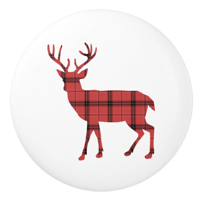 Deer Silhouette Red and Black Plaid Tartan Ceramic Knob (Front)