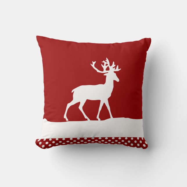 Deer Silhouette - Red and White Throw Pillow (Front)