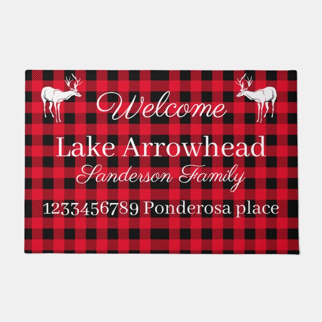 Deer silhouette Red Black Buffaloe Check  Doormat (Front)