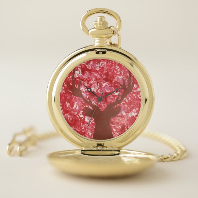 Deer Silhouette Red Camo Gold Pocket Watch Men's (Inside)