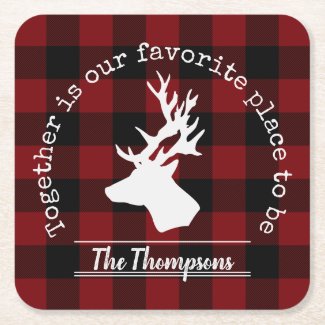 Deer Silhouette Rustic Modern Buffalo Plaid Family Square Paper Coaster