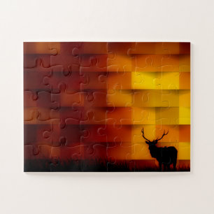 Deer Silhouette Striking Sunset Gradient Scene Jigsaw Puzzle