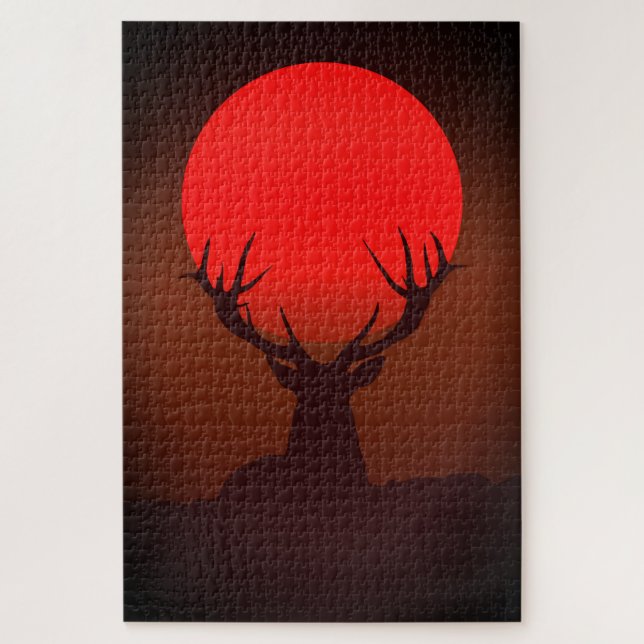 Deer Silhouette with Fiery Red Sunset Jigsaw Puzzle (Vertical)