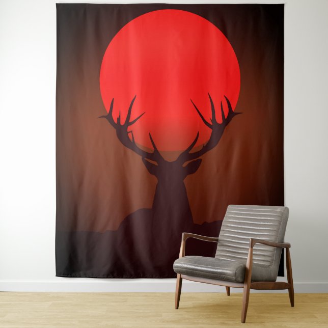 Deer Silhouette with Fiery Red Sunset Tapestry (In Situ)