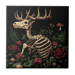 Deer Skeleton Mystical Gothic Floral Ceramic Tile