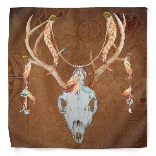 Deer Skull Antlers Native American Southwest brown Bandana (Front)