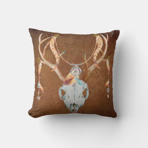 Deer Skull Antlers Native American Southwest brown Throw Pillow