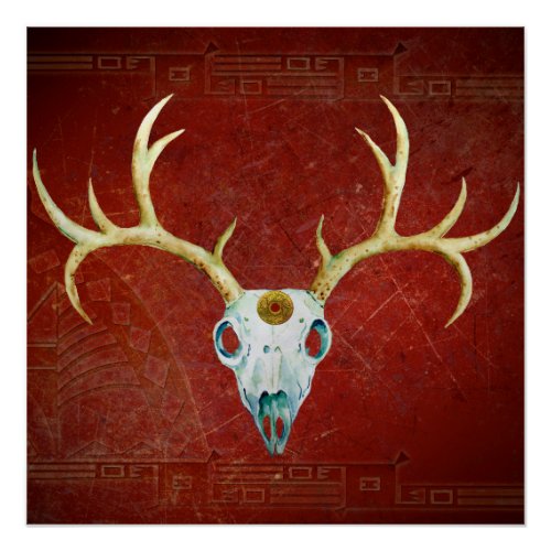 Deer Skull Antlers Ox Blood Gold Native American Poster