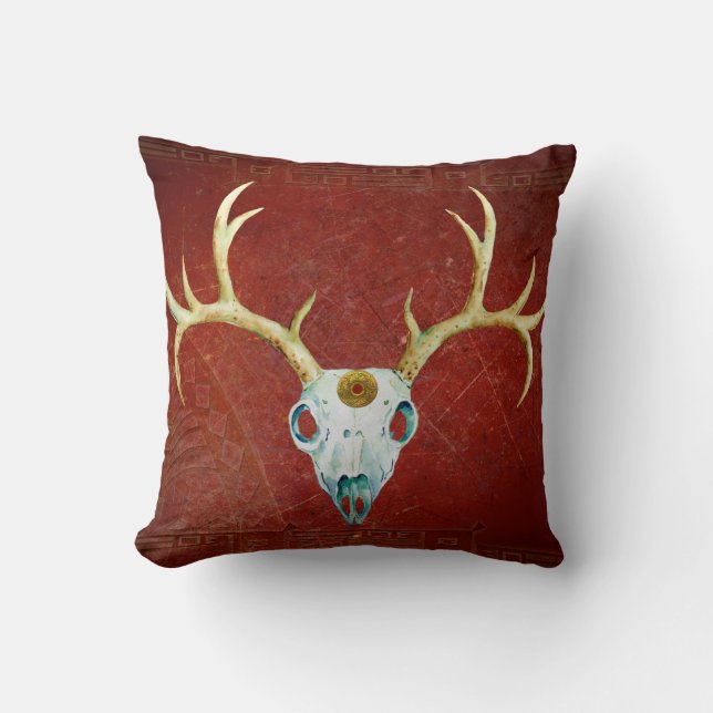 Deer Skull Antlers Ox Blood Gold Native American Throw Pillow (Front)