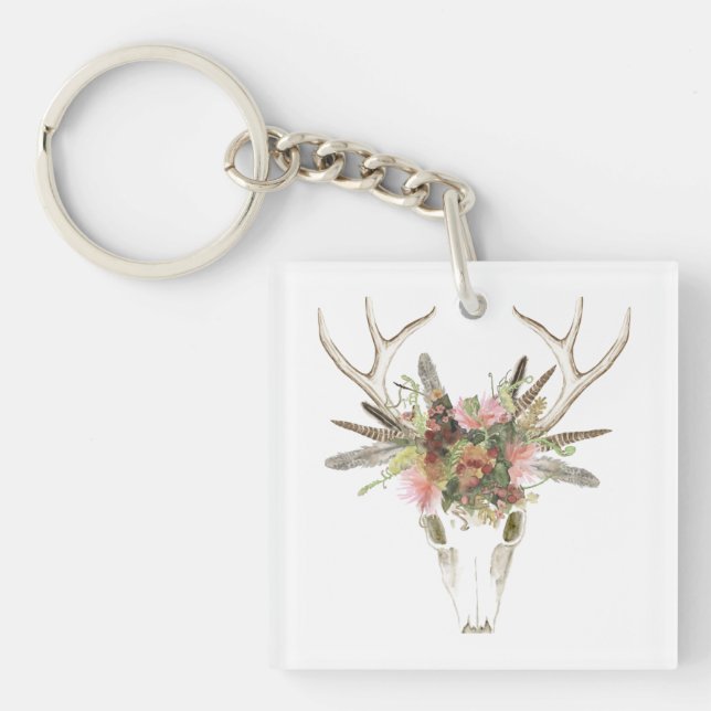 Deer Skull & Flowers Keychain (Front)