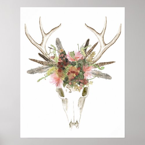 Deer Skull  Flowers Poster