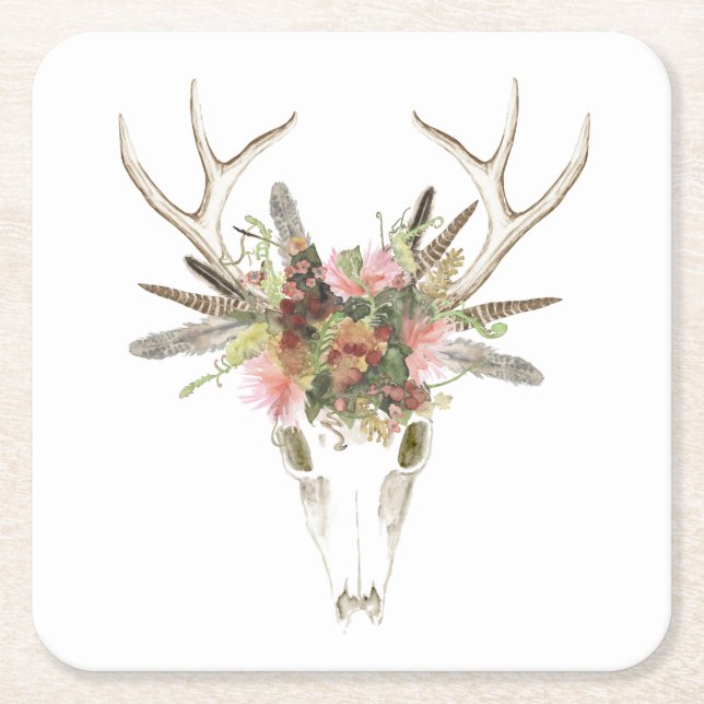 Deer Skull & Flowers Square Paper Coaster (Front)