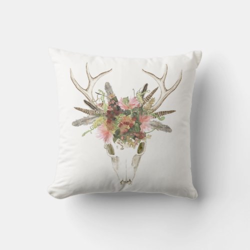 Deer Skull  Flowers Throw Pillow