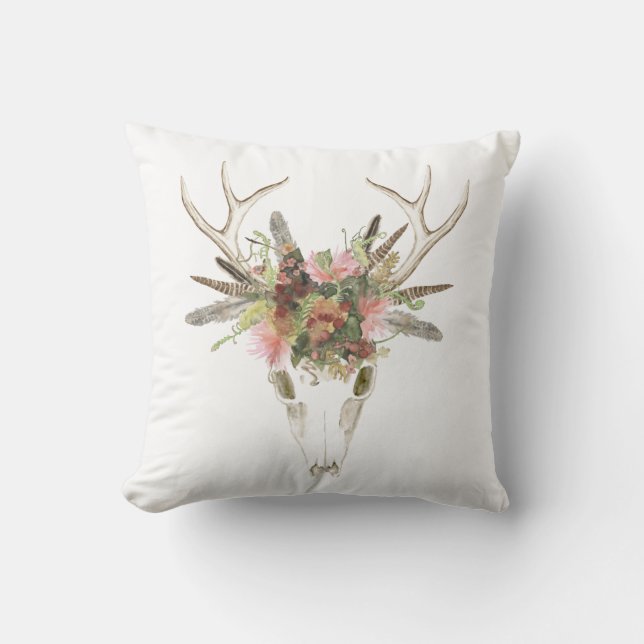 Deer Skull & Flowers Throw Pillow (Front)
