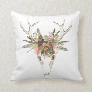 Deer Skull & Flowers Throw Pillow