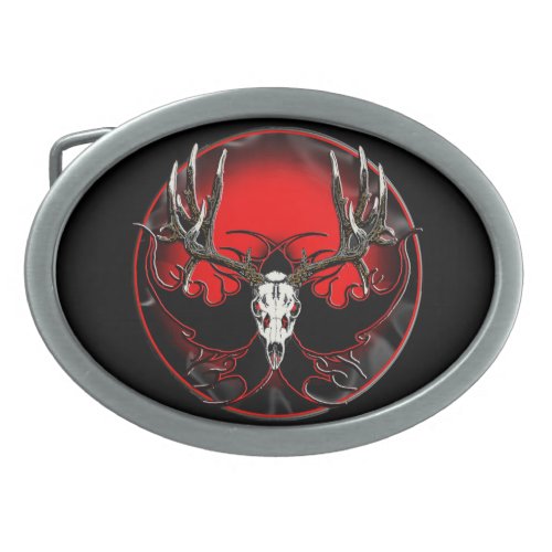 Deer skull in flames oval belt buckle