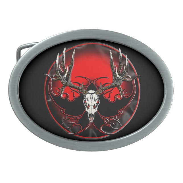 Deer skull in flames oval belt buckle (Front)