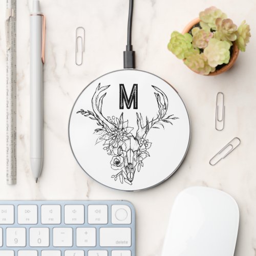 Deer Skull Tattoo Style Illustrarion Monogram Wireless Charger