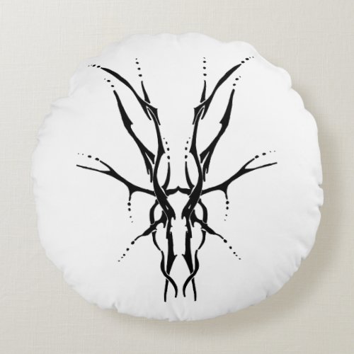 Deer Skull Tribal Tattoo Design _ black and white Round Pillow