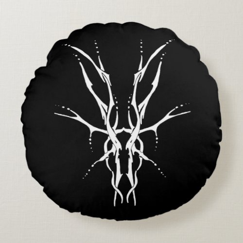 Deer Skull Tribal Tattoo Design _ white on black Round Pillow