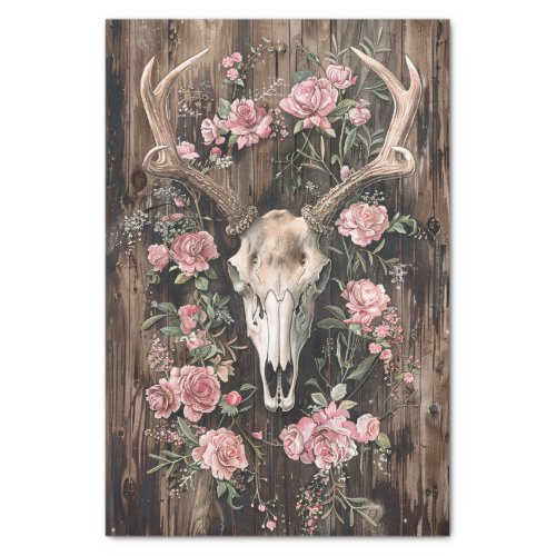 Deer Skull Watercolor Pink Flowers Decoupage Tissue Paper