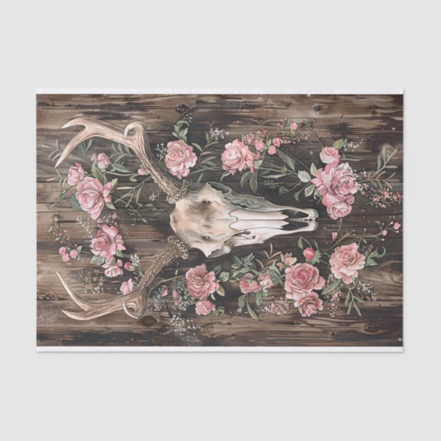 Deer Skull Watercolor Pink Flowers Decoupage Tissue Paper (Front)