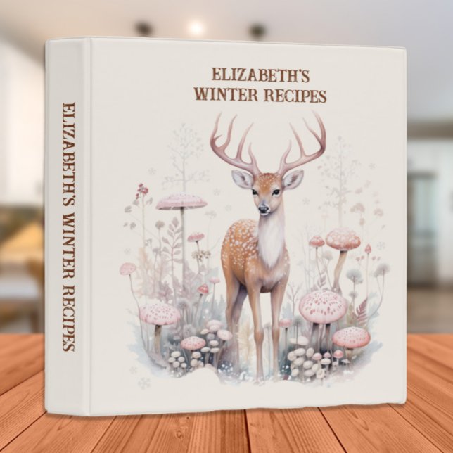 Deer Snow Winter Recipes Cookbook 3 Ring Binder (Custom recipe/cookbook binder with a painting of deer)