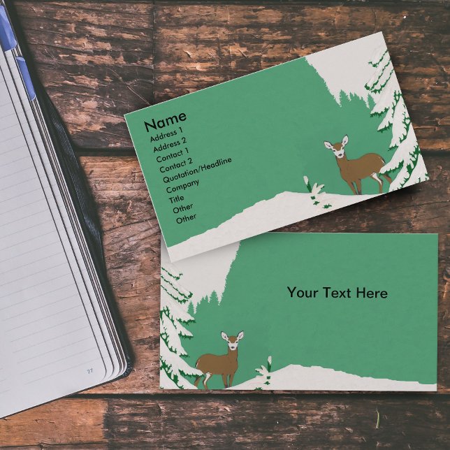 Deer Snow Winter Scene Business Card (Lone brown female deer white face in snow by pine tree on mint green business cards.)