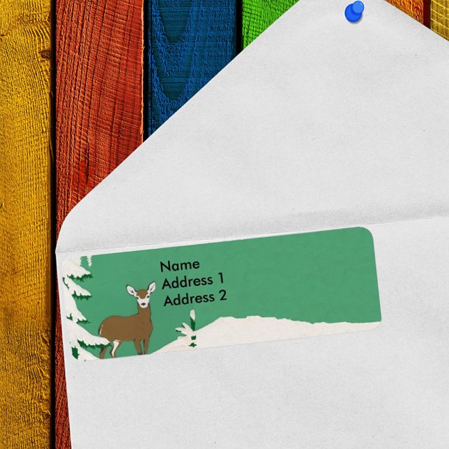 Deer Snow Winter Scene Label (Return address label with white face female deer in snow by pine tree.)