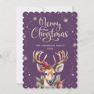 Deer Snowflake Purple Merry Christmas Holiday Card